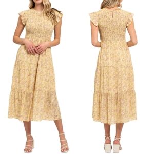 Sweet Wanderer Dress XL Yellow Floral Smocked Tiered Maxi Flutter Short Sleeves